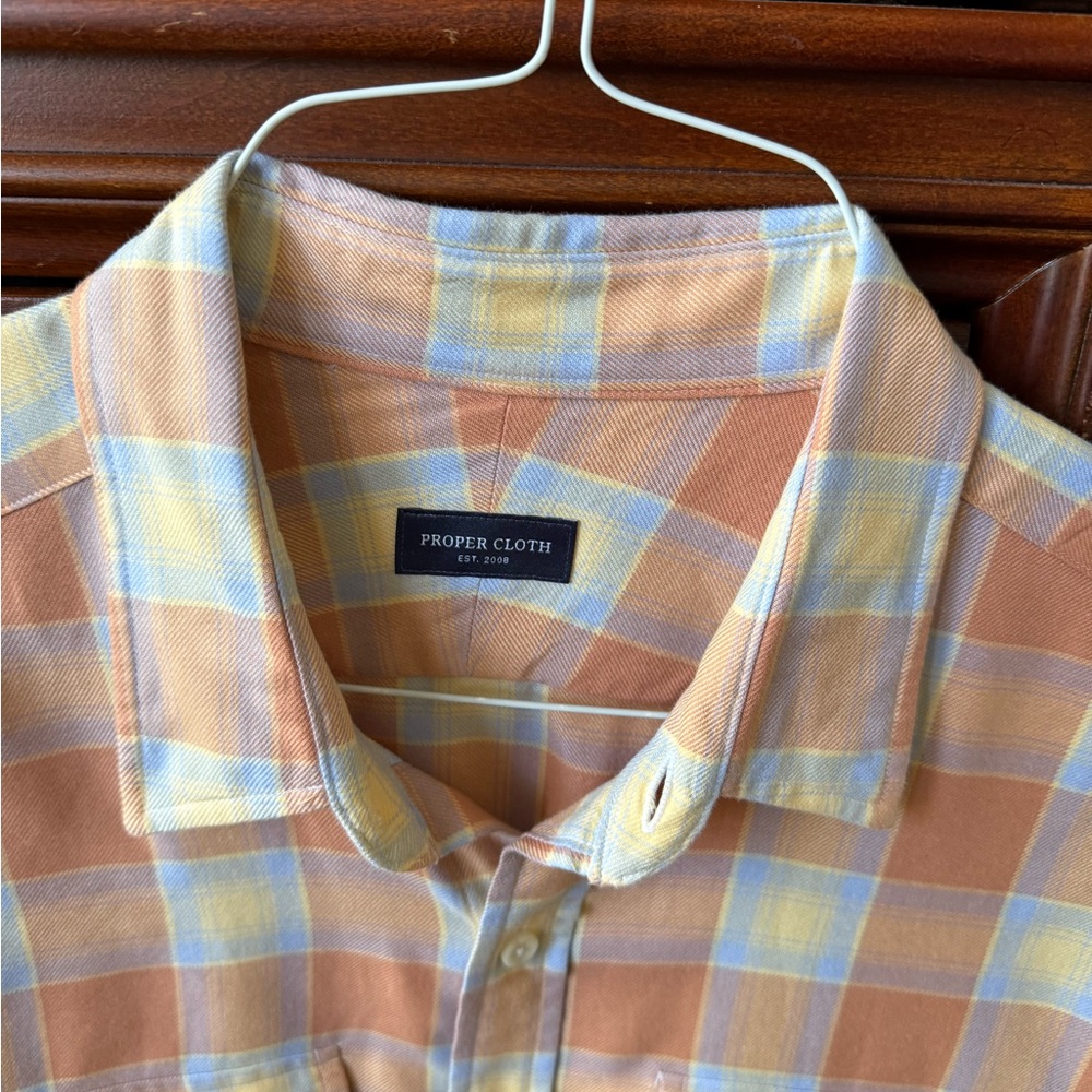 New, Proper Cloth Ultra-Soft Cotton, Faded Orange & Light Blue Plaid Shirt. Tall